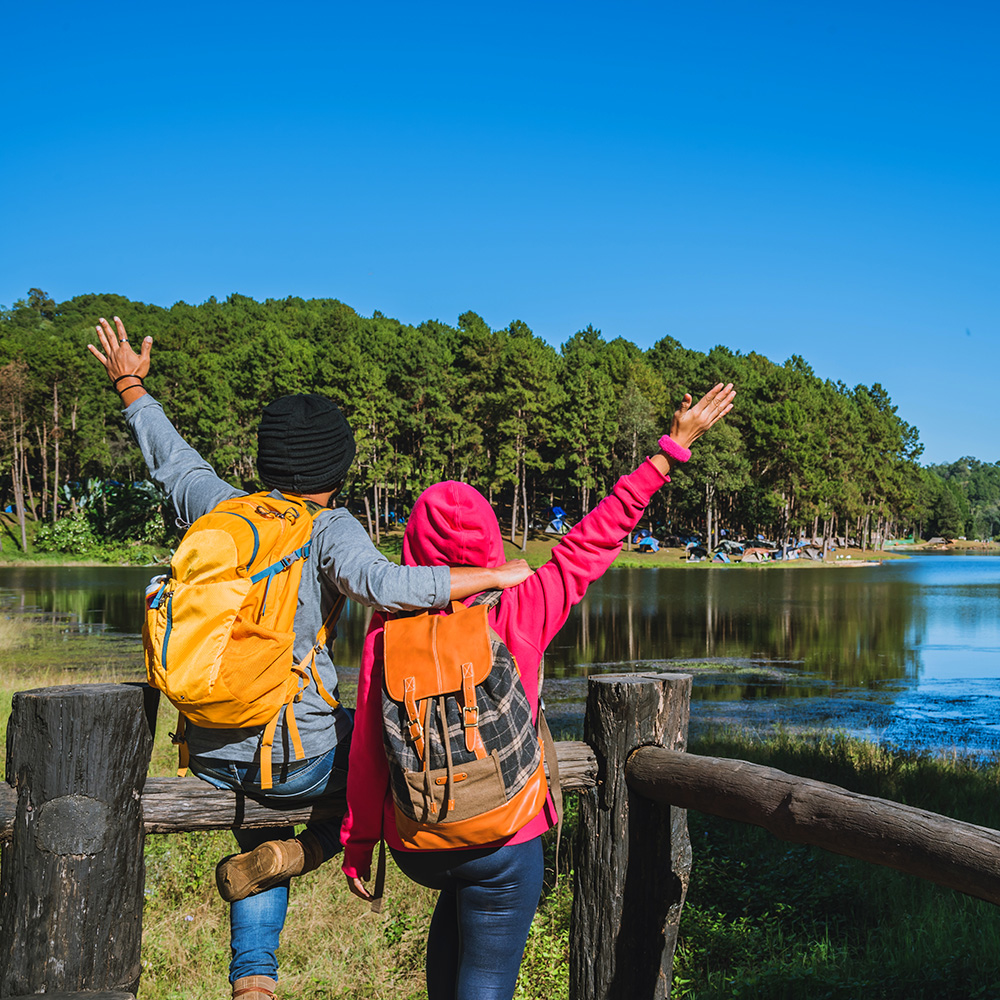 Couple with arms raised looking at a lake against clear blue sky